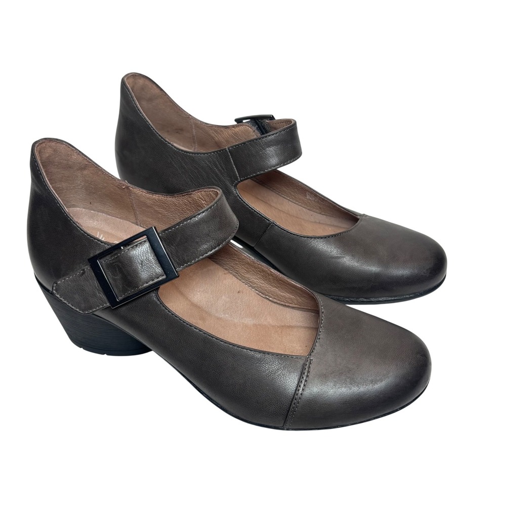 Dansko Mary Jane Pumps Sz EU 38 US 7.5-8 Gray Leather Buckle Block Heel Comfort